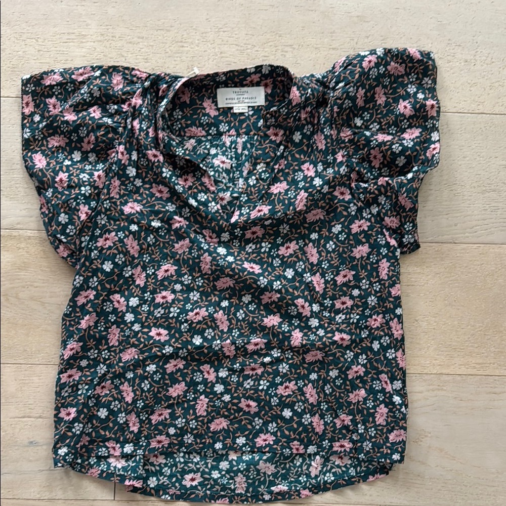 Trovata Birds of Paradis Brett Bohemian Tea Floral flutter Blouse Pink Green XS - Picture 7 of 10